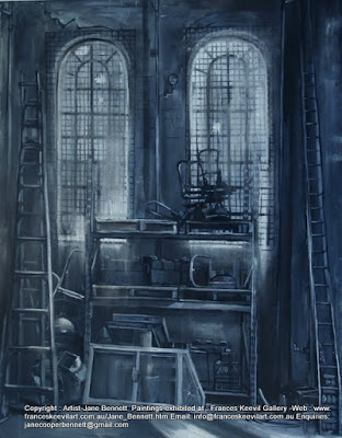 ink and gouache painting of the windows in the interior of the Large Erecting Shop in the Eveleigh Railway Workshops by industrial heritage artist Jane Bennett